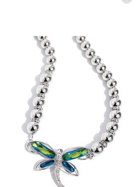 N-105  Silver Dragonfly Pendant Necklace with Blue-Green Crystals